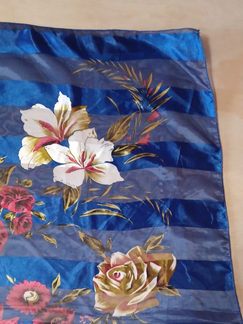 Vintage Floral Striped Square Scarf Blue Chiffon Satin 39×39 Grandma-Core